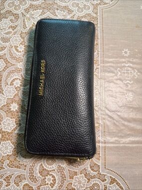 Michael Kors Black Pebbled Leather Zip-Around Wallet with Gold Logo